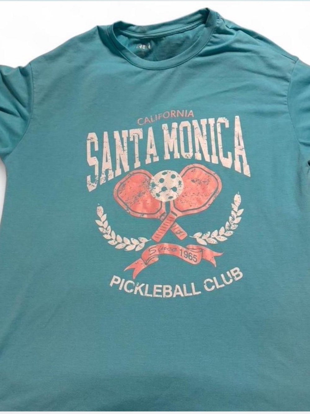 SHEIN Teal Santa Monica Pickleball Club Graphic Tee with Coral Accents